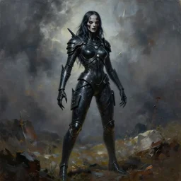 oil painting of female monster full figure made out of black latex, full body armor, horror