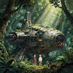 a matte painting of a massive abandoned alien spaceship with vines growing on it deep in the jungle. mysterious glow emits from the inside of the spaceship. very detailed uhd concept art by hayao miyazaki and stephan martiniere, volumetric lighting, god rays. sence of awe, megalophobia. trending on artstation.