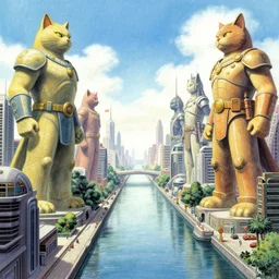 A beautiful illustration of a futuristic canal city with massive statues of anthropomorphic Feline warriors by Robert McCall and Ralph McQuarrie | sparth:.2 | Time white:.2 | Graphic Novel, Visual Novel, Colored Pencil, Comic Book:.3 | unreal engine:.5 | establishing shot