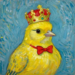 an elegant yellow bird wearing a royal crown and a red bow tie in the style of vincent van gogh, post-impressionism, high quality, detailed, 4k
