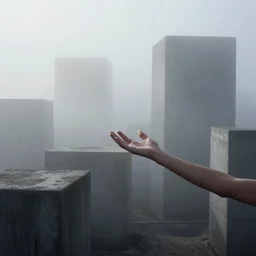 arm reaching out of thick fog, cement blocks in background, zdzislaw beksinski