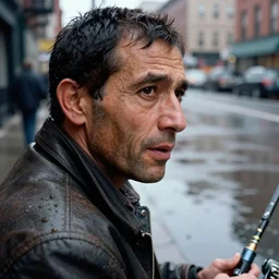 closeup portrait of a man fishing in a puddle rainy new york street, by Steve McCurry and David Lazar, natural light, detailed face, CANON Eos C300, ƒ1.8, 35mm, 8K, medium-format print