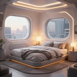 a hyperrealist photography of a futuristic cozy bedroom by jungyeonmin