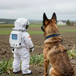 A dog of the breed belgian malinois in a space suit looking out over his farmland on the moln, 4k