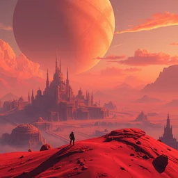 detailed concept art of a fantastic city, tiny robot on a planet with multiple little moons against a breathtaking sky, by syd mead, by noah bradley, fantasy art, octane, by simon stalenhag, red colour scheme