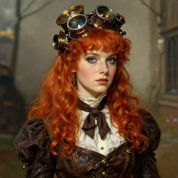 a steampunk redhead girl, artwork by Norman Rockwell, cinematic view, high quality