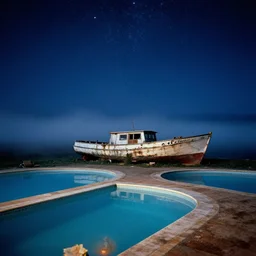 night sky with stars, old boat, vintage swimming pools, lush fog, deep blue mood, contemporary archival color photograph print from the original negative, by stanley kubrick