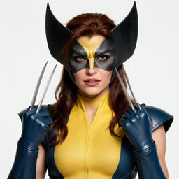 beautiful female classic wolverine, claws, detailed perfect face, exquisite details, high quality, intricate clothing, marvel comics, x - men, yellow and blue suit, mid view, by studio muti, greg rutkowski makoto shinkai takashi takeuchi studio ghibli
