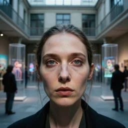 detailed face of an intelligent clothed woman with kind eyes in a architectonic courtyard with transparent displays at a science expo, atmospheric, ambient, pj crook, syd mead, livia prima, artgerm, greg rutkowski, nick alm, casey baugh