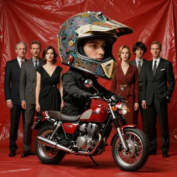 portrait of a knight in a ornate motorcycle dirt helmet circuitboard, background red plastic bag, rich deep colors, by francis bacon, james ginn, petra courtright, jenny saville, gerhard richter, zdzisaw beksinsk, takato yamamoto. masterpiece, i elegant fashion studio ighting 3 5