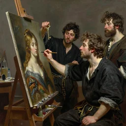 an exhausted painter in his studio painting a picture of a beautiful girl - key lighting, soft lights, by steve hanks, by edgar maxence, by caravaggio, by michael whelan, by delacroix, by serov valentin, by tarkovsky, 8 k render, detailed, oil on canvas