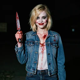 loish, artgerm, Joshua Middleton art, pretty female Alison Brie serial killer holding bloody knife in right hand, blood on clothes and face, sarcastic smile, symmetrical eyes, symmetrical face, jean jacket, jeans, short blonde hair, middle shot, night time, deep blacks