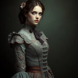 portrait of beautiful female model by irakli nadar with intricate detailed wearing classical victorian dress in alexander mcqueen style, haunting, elite, elegant, ruan jia, dark, hyper detailed, concept art, by gustav klimt,