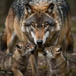a wolf viciously protecting its cubs, concept art, detailed face, fantasy, highly detailed, cinematic lighting, digital art painting by greg rutkowski