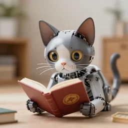 high quality presentation photo of a cute mechanical cat reading a book, photography 4k, f1.8 anamorphic, bokeh, 4k, Canon, Nikon