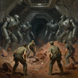 drab human workers mining ore, watched by fascist robot overlords, brutalist tunnel, dystopian, pj crook, edward hopper, oil on canvas