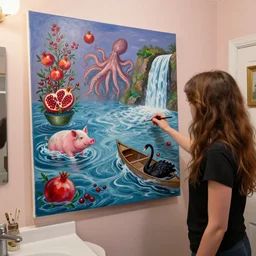female emo art student in her bathroom, painting of flood waters inside an artist's feminine bathroom, a river flooding indoors, pomegranates, pigs, ikebana, water, octopus, river, rapids, waterfall, black swans, canoe, berries, acrylic on canvas, surrealist, by magritte and monet