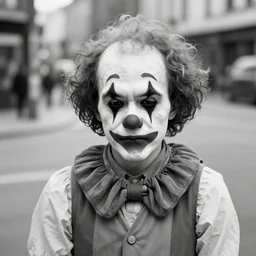 a black and white photo of a sad clown on the street of new york smoking a cigarette, 8 k