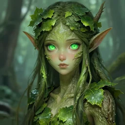 A realistic anime portrait of a beautiful dryad with glowing green eyes and tree bark skin wearing clothes made of leaves, digital painting, by Stanley Artgerm Lau, Sakimichan, WLOP and Rossdraws, digtial painting, trending on ArtStation, SFW version