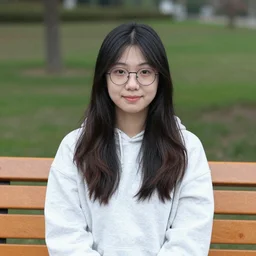 portrait of a cute round faced long haired asian girl with round glasses sitting on a bench in a park - n 4