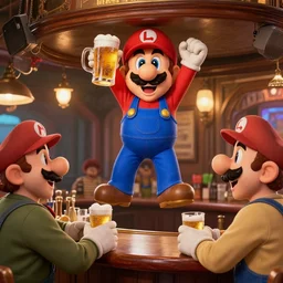 luigi from super mario hanging at the bar and getting drunk with the boys, holding a large beer