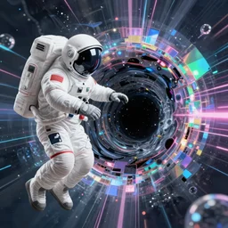 astronaut sucked into blackhole, alien synthwave, glitchy, reflective, holographic, neon, trending on artstation