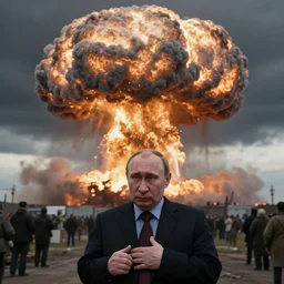 a huge nuclear mushroom cloud explodes behind a grief stricken vladimir putin, photorealistic, apocalyptic - h 6 4 0