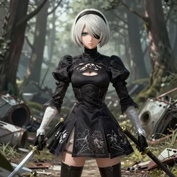 beautiful portrait of 2B from nier automata, forest, junkyard, pretty, semi realistic anime, hyper detailed, 8k, DeviantArt, Instagram, Behance, Artstation, trending on artstation, Pixiv, Pixiv daily ranking, art of silverfox, Yee Chong Silverfox, Sydney Hanson, Mickael Lelièvre, Jaeyeon Nam, derevschikova, Elina Karimova