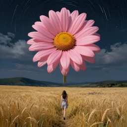giant pink daisy flower over head, girl walking in wheat field, hills, surreal photography, dark night, star trails, dramatic light, impressionist painting, clouds, digital painting, artstation, simon stalenhag
