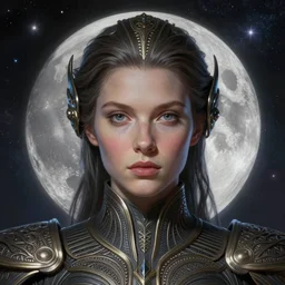 symmetry!! ultra realistic portrait of discovery one!! moon and galaxy in background!, intricate, elegant, highly detailed, digital painting, artstation, concept art, smooth, sharp focus, illustration, art by cgsociety, 8 k