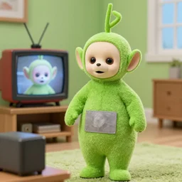 teletubby with scary movie on his tv