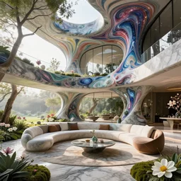 futuristic sharp focus biophilic villa interior with garden, cinematic morning light, magnolia daisies ceramic porcelain stone nebula fluid colorful architecture landscape, highly detailed furniture, granite, trees, marble, moss, lichen, vincent callebaut composition, mamou - mani, cinematic morning light, 8 k, unreal engine, uhd