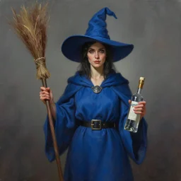 oil matte portrait, a a lady with dark hair in a blue robe and blue wizard hat, holding a broom and a vodka bottle. digital painting, fantasy, concept art, cinematic colors, realistic shaded. by ilya kuvshinov, magali villeneuve, artgerm, greg rutkowski