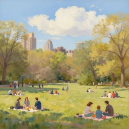 new york hyde park, spring, people having picnics, people playing games, sunshine, warm, blue sky with puffy clouds, a painting by kenton nelson