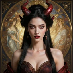 perfectly - centered portrait of demon goddess, beautiful, gorgeous, highly detailed, professional digital painting, unreal engine 5, photorealism, hd quality, 8 k resolution, cinema 4 d, 3 d, cinematic, art by artgerm and greg rutkowski and alphonse mucha and loish and wlop