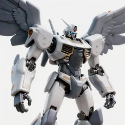 a 3 d render of a huge robot with mechanical wings attached to its back, close up, action pose, ultra zoomed in, saturated colors, ultra detailed, hyper realistic, intricate, japanese, futuristic, white background, shadow, style transformers
