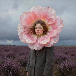 a portrait, giant flower head, a girl wearing a coat in heather field, surreal photography, wind and cold, dramatic sky, impressionist painting, digital painting, artstation, simon stalenhag