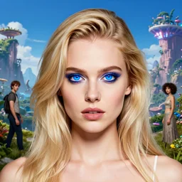 studio portrait of an absurdly beautiful european with blonde hair and glowing royal blue eyes woman in a scenic multiversal environment by amano yoshitaka, marc simonetti, jean giraud, martine johanna, josan gonzalez