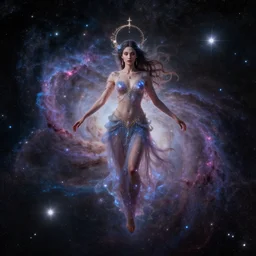 a celestial goddess of time and space floating in the cosmos galaxy universe stars nebula