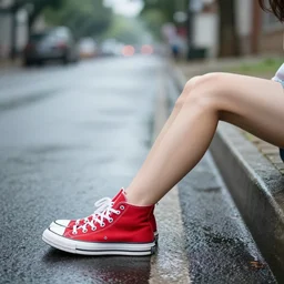 side view of the legs of a woman sitting on a curb, short pants, wearing red converse shoes, wet aslphalt road after rain, blurry background, sigma 8 5 mm