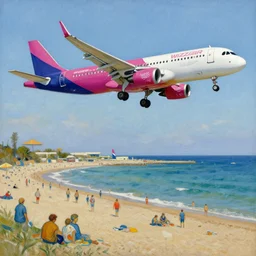 a painting of a wizzair airbus a 3 2 1 neo landing at skiathos airport, low over the heads of the people on the beach, art by vincent van gogh
