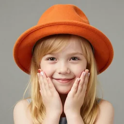 very pretty portrait of a smiling 2 5 - year - old woman with 9 0 degree nails, medium yellow blond hair, character with an orange hat, hair comes out of the hat a little
