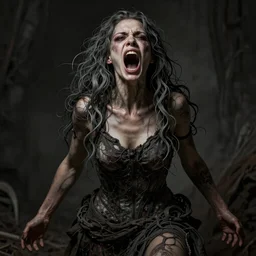 ultra realist intricate detailed portrait of a single rugged attractive female screaming single mouth, full body, accurate features, apocalyptic, very intricate details, 8 k resolution, dim lighting, dramatic lighting, artstyle zdzisław beksinski, award winning