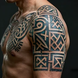 ancient slavic tribal tattoo pattern, glagolitic glyph, intricate artwork by ,James Jean, Noah Bradley, very coherent artwork, cinematic, hyper realism, high detail, octane render, unreal engine, 8k, Vibrant colors, High contrast, depth of field, aperture f1.2