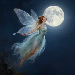 attractive fairy magically floating high in the night, fantasy, full moon in background. highly detailed painting by gaston bussiere, craig mullins, j. c. leyendecker, mid shot, 8 k