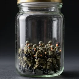 human army inside a glass jar close up studio lighting