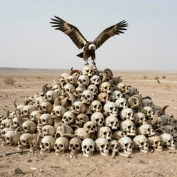 a big pile of human skulls in a wasteland with vultures