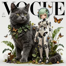 a giant cat and a beautiful jointed art doll, super dollfie, bjd, biopunk, solarpunk, mecha, feminine curves, plants, leaves, moths, surreal, dan mumford, beeple, fashion magazine, vogue, harper's bazaar art, id magazine, intricate, 8 k render in octane, sharp focus, ektachrome