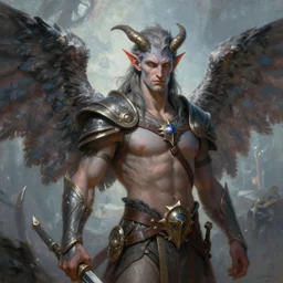 a beautiful portrait painting of a winged male aasimar, pathfinder, dungeons and dragons, art by keith parkinson and greg rutkowski and tim hildebrandt