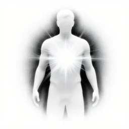 white background with white slhouette of man with black strokes around him and energy radiating from his heart, grainy, noise, gradient, 3 d render, glossy, matte painting trending on artstation